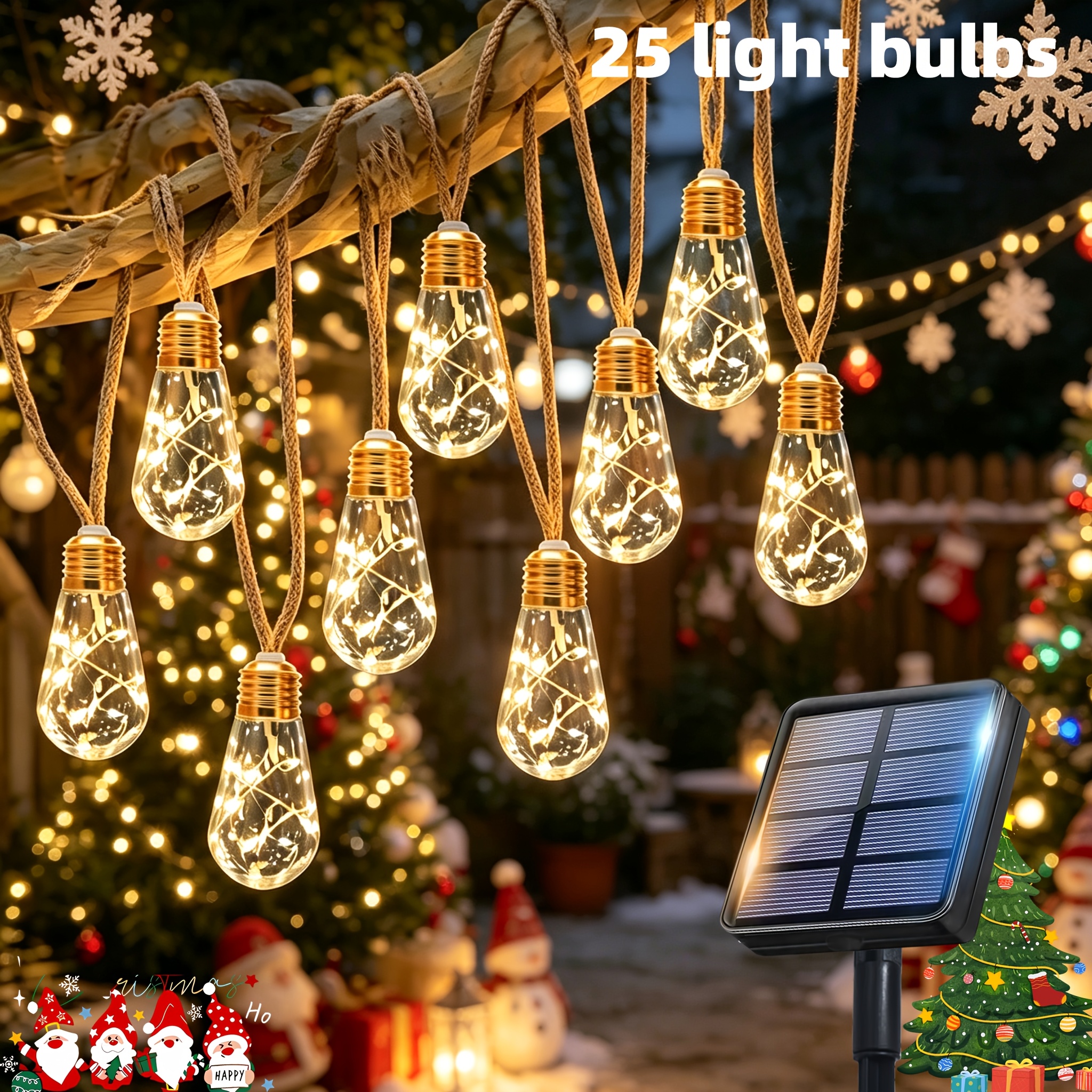 TEMU 1 Pack de Guirlandes Lumineuses Solaires d'Extérieur, 25/10 Ampoules Rétro, 8 d'Éclairage, pour Cour, Terrasse, Camping, Fête, Mariage &