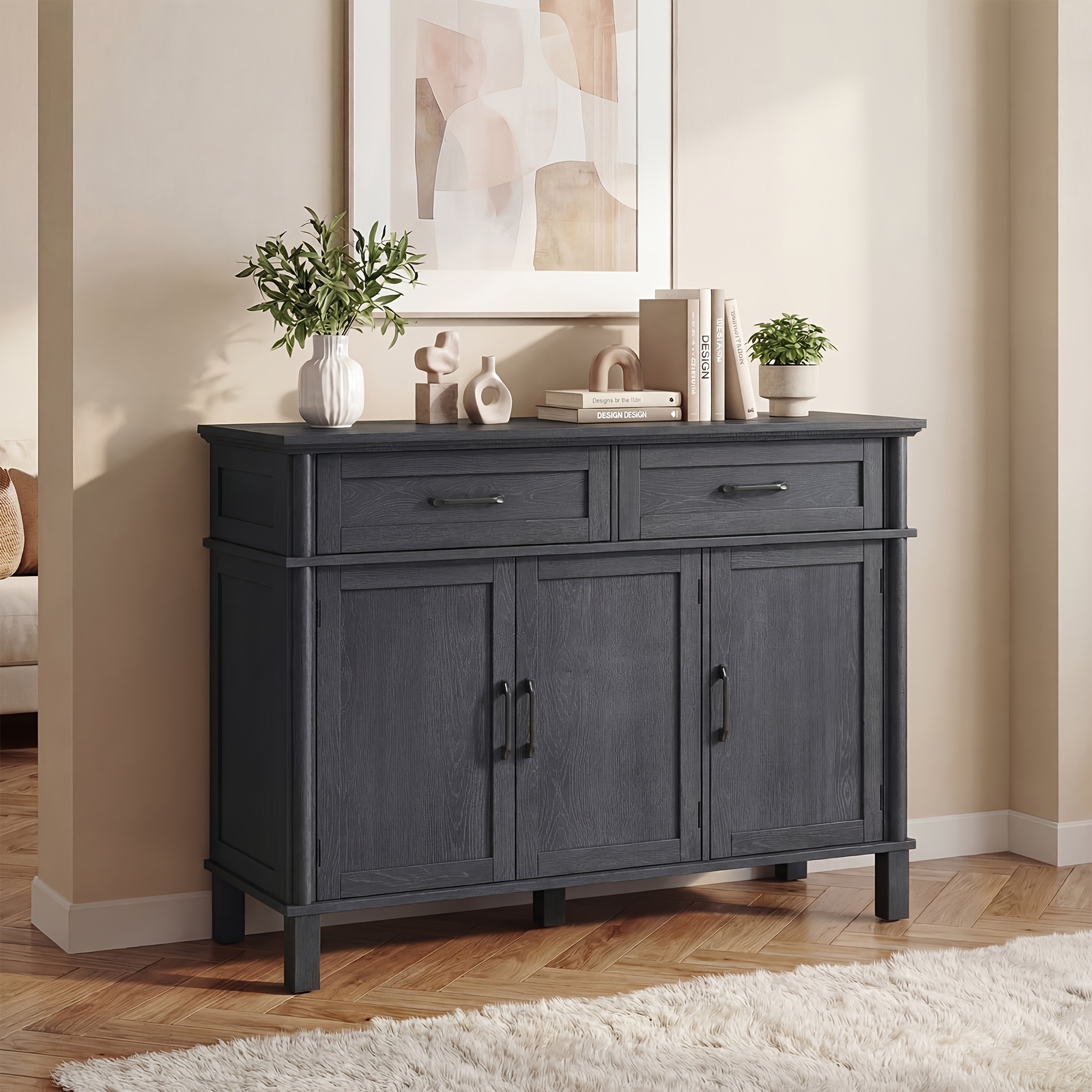 Farmhouse 48 Inch Buffet Cabinet with Storage, 48 Inch Sideboard with 2 Drawers And 3 Doors - Wood Coffee Bar Cabinet with Adjustable Shelves for Kitchen, Dining Room, Living Room
