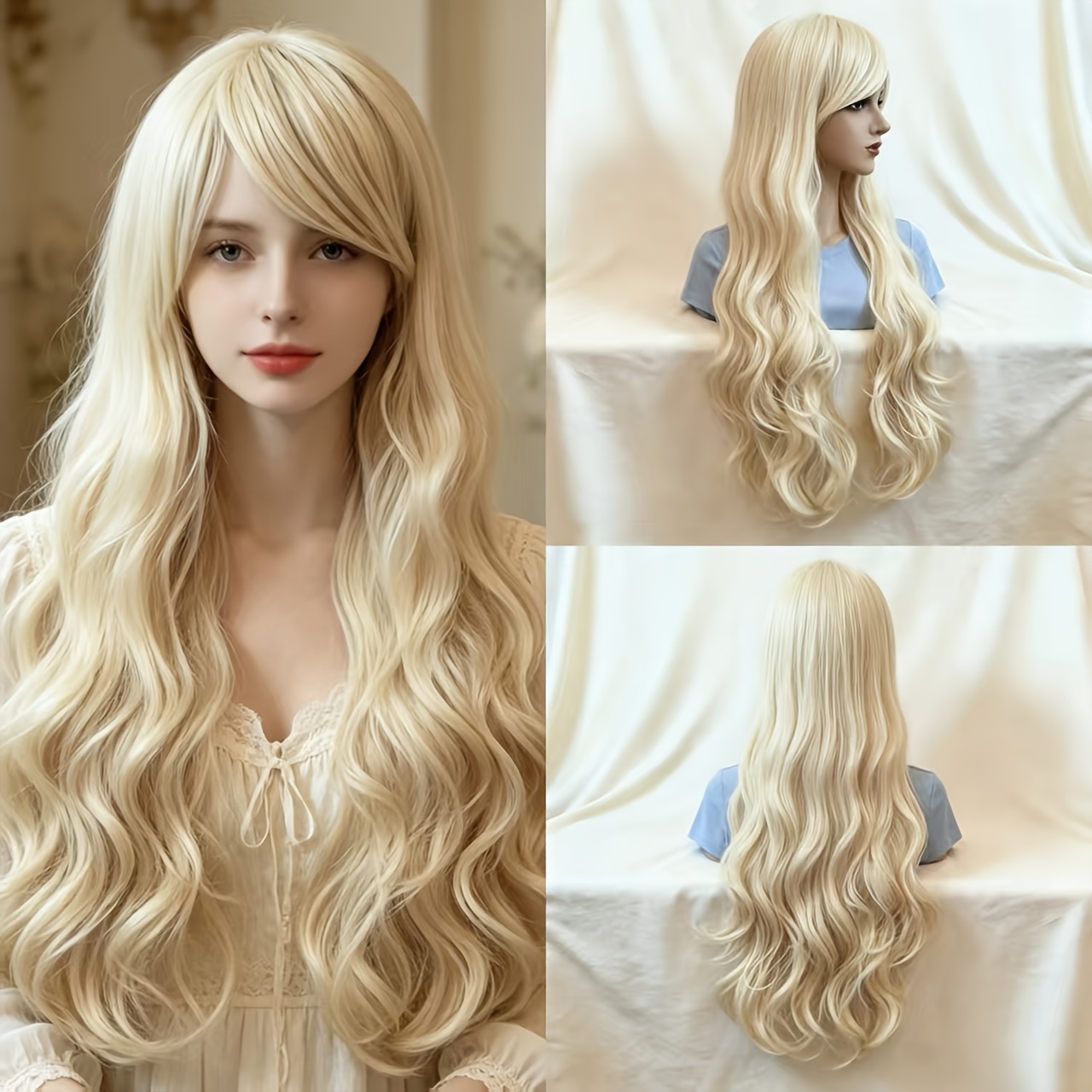 TEMU Perruque bouclée longue pour femmes, dorée clair, 32 pouces/80 cm, perruque ondulée synthétique résistante à la chaleur, perruque de tête