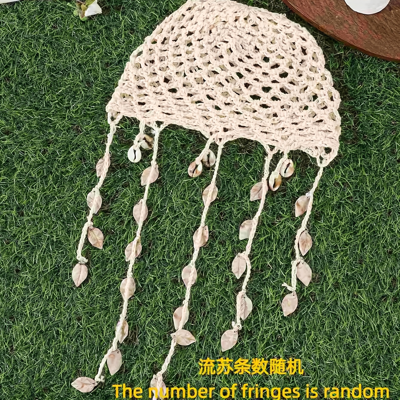 TEMU 1pc Premium Shell Tassel Knit Hat, Bridal Decorative Headpiece Hat Beach Vacation Decor Hollow Hat Fashion Trendy Decorative Head Covering
