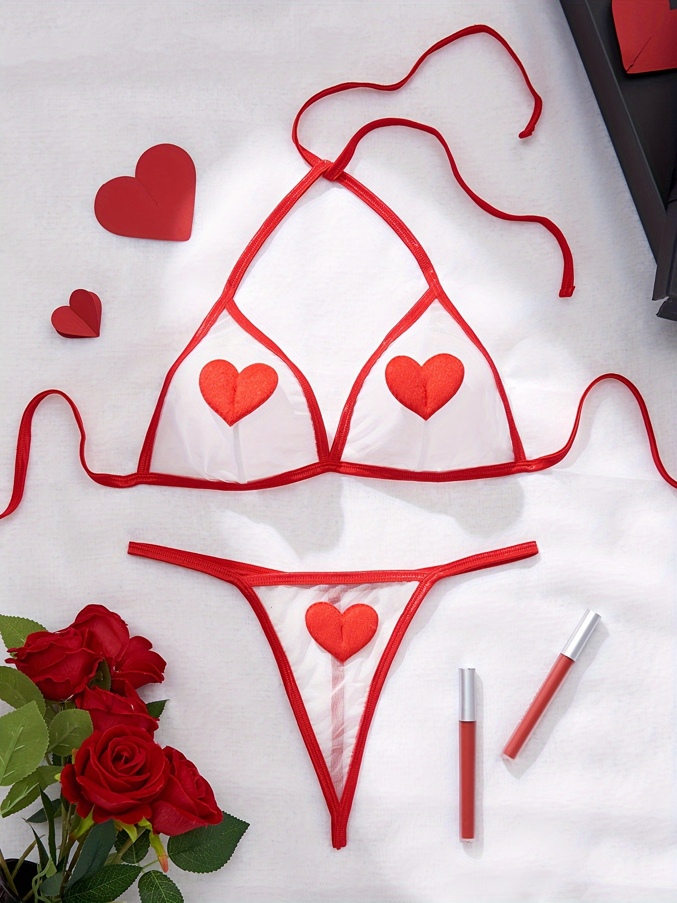 Conjunto de lingerie com bordado de coração soutien de malha