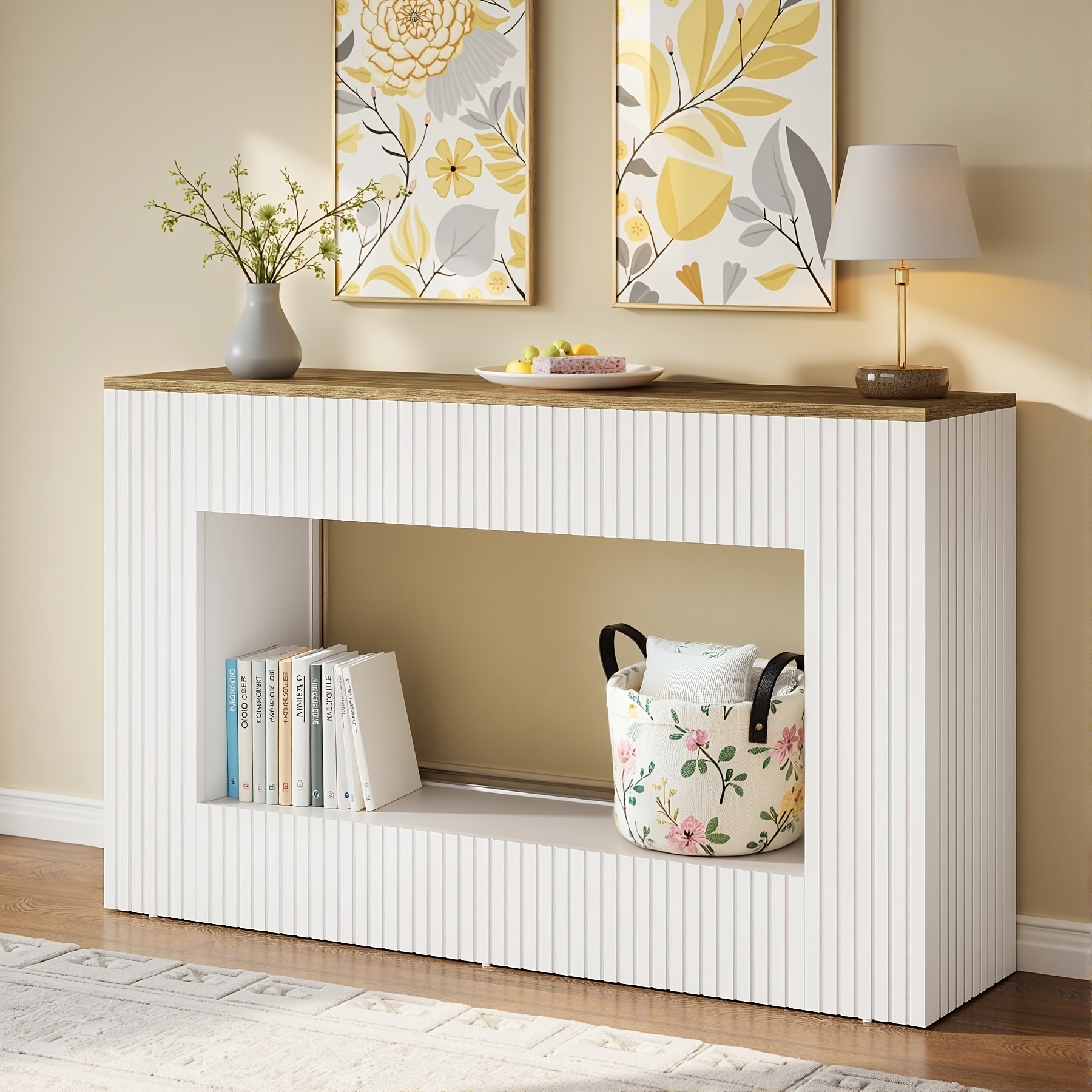 55-Inch Farmhouse Double-Layer Entryway Console Table - Rustic Wood