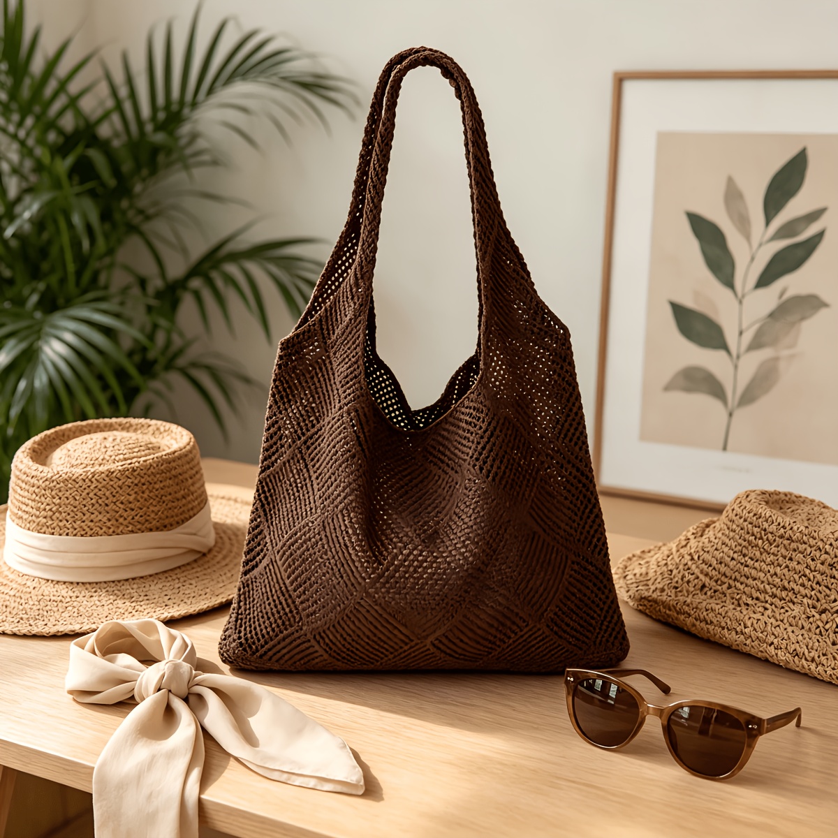 TEMU Women' Large Hollow-out Tote Bag - Large-capacity Solid Color Handbag With Hollow-out Shoulder Strap, Spacious Suitable For Travel, Commuting &,