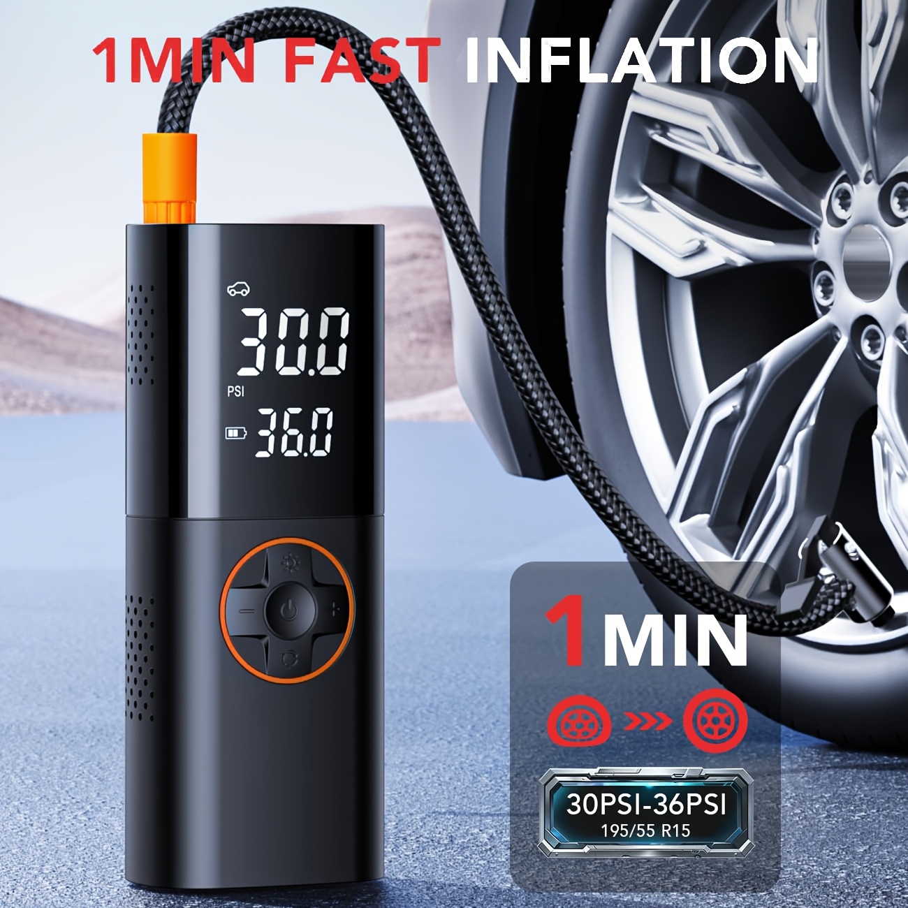 TEMU Compresseur de Pneus Fil, Pompe Portable à Affichage Numérique 3X Rapide pour Voiture, Moto et Vélo, Batterie Lithium Polymère USB Type-C,
