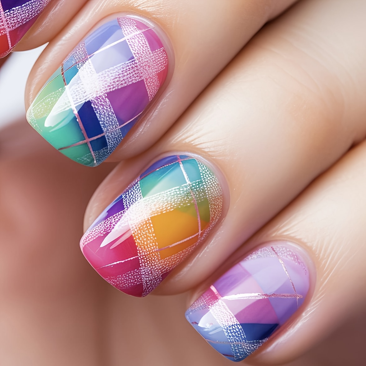 Short Press On Nails Square Artificial Nails With Colorful Geometric Designs Cute Nails For Spring And Holiday 24pcs Kit