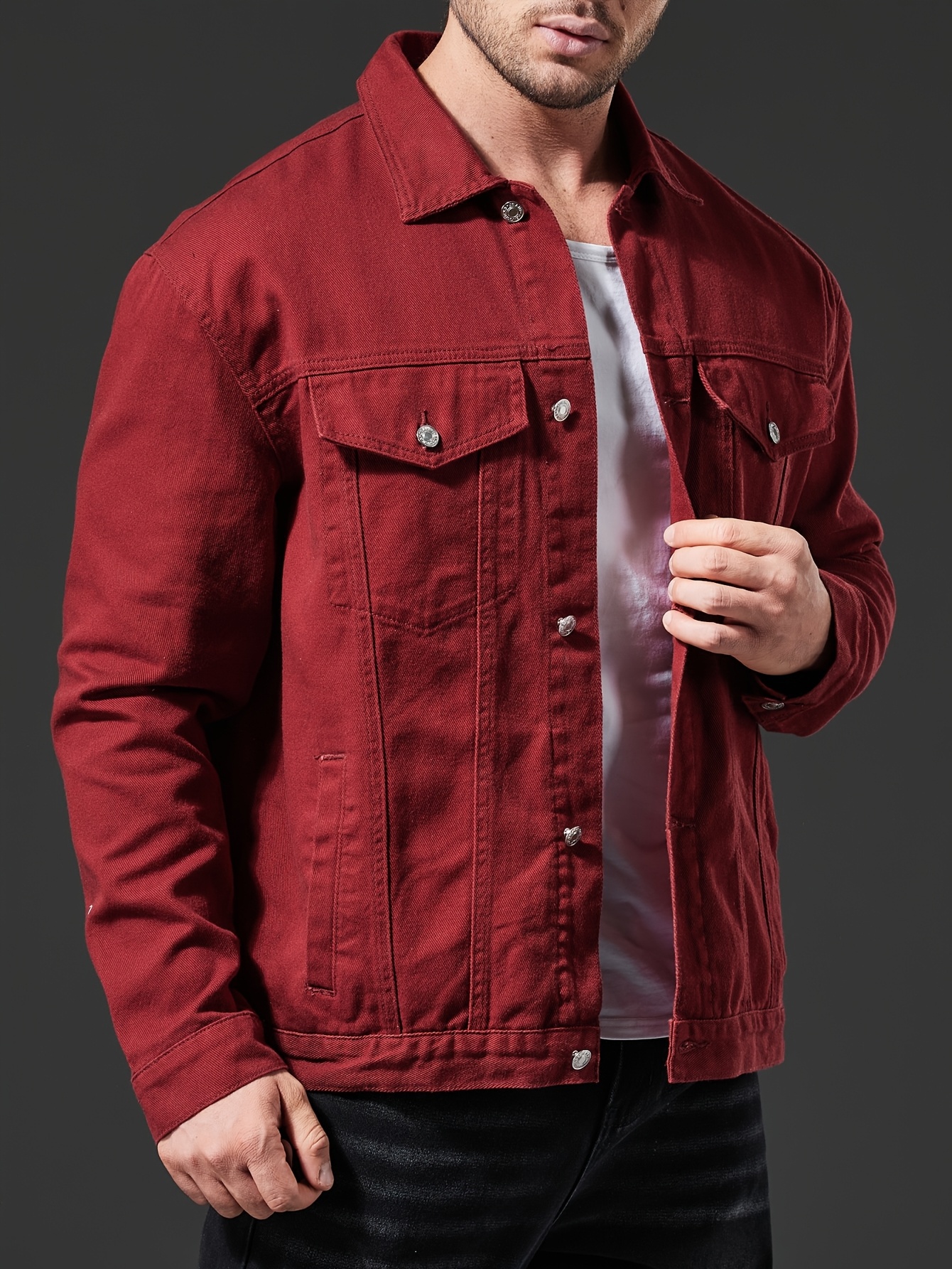mens plus size casual workwear denim jacket vibrant red Temu