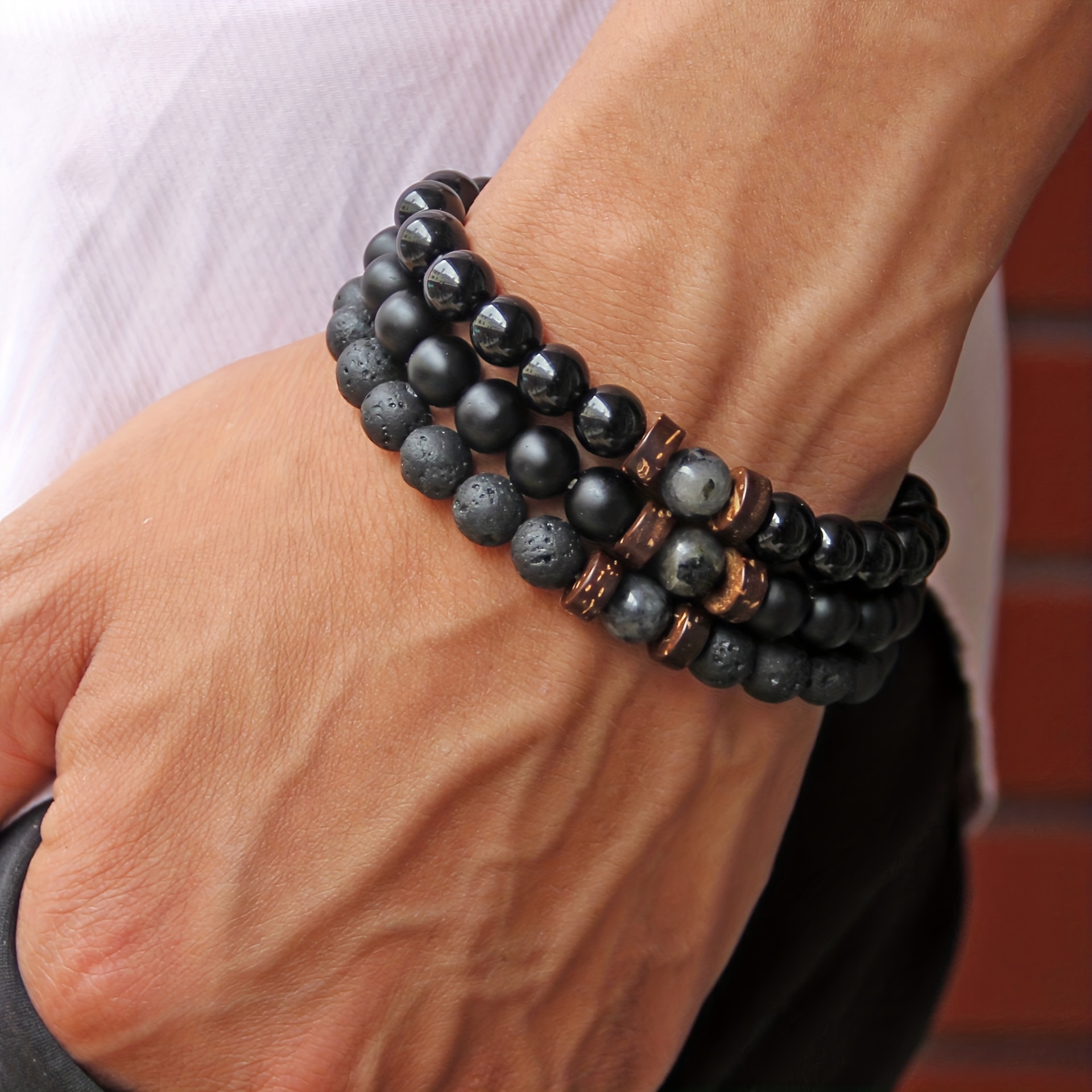 E-shop 3-teiliges/Set 8 mm/0,31 Zoll Perlen Armband aus Naturstein, Doppelte Schutz Charms Dehnbares Lapis Perlen Armband Armreif, Lässiges Dunkles
