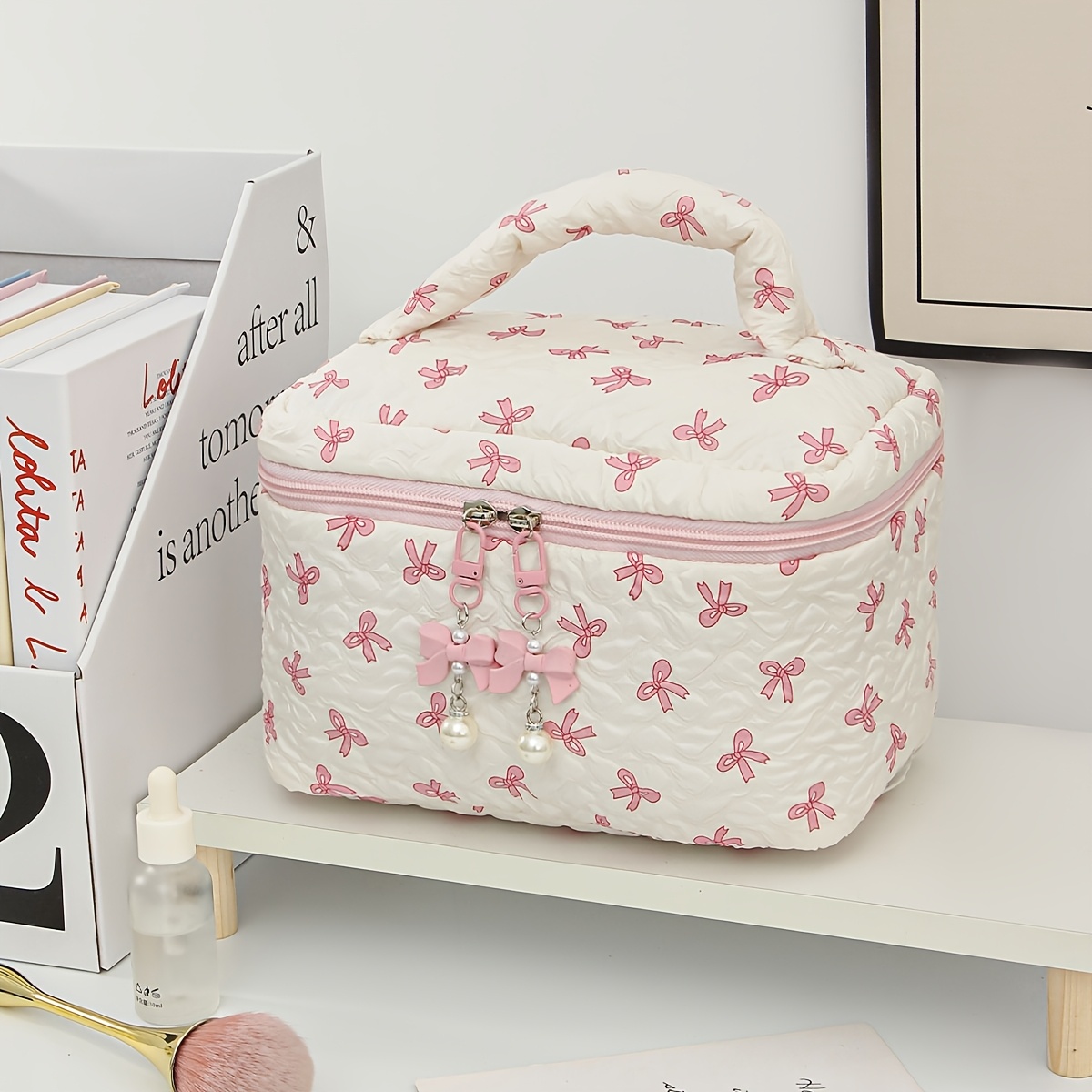 TEMU Cute Zipper Fabric Bow Pattern Cosmetic Bag Portable Travel Toiletry Bag Skincare Organizer Cosmetic Case Clutch Bag Pen Pouch Sunglasses Cell