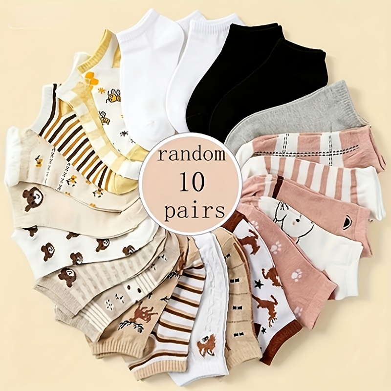 E-shop 10 Paar zufällige Cartoon Tier Damen Low-Cut Bootssocken, Frühlings-/Herbst-Style Japanische Koreanische Kurze Socken