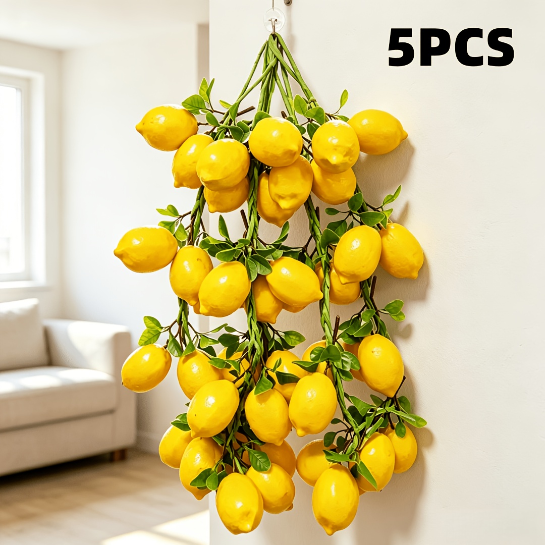 Image of 5pcs Artificial Lemon , Realistic Clusters With Leaves, Foam Plastic Fake Lemons For Farmhouse, Hotel, Restaurant, , Home, Courtyard, Movie Props, And