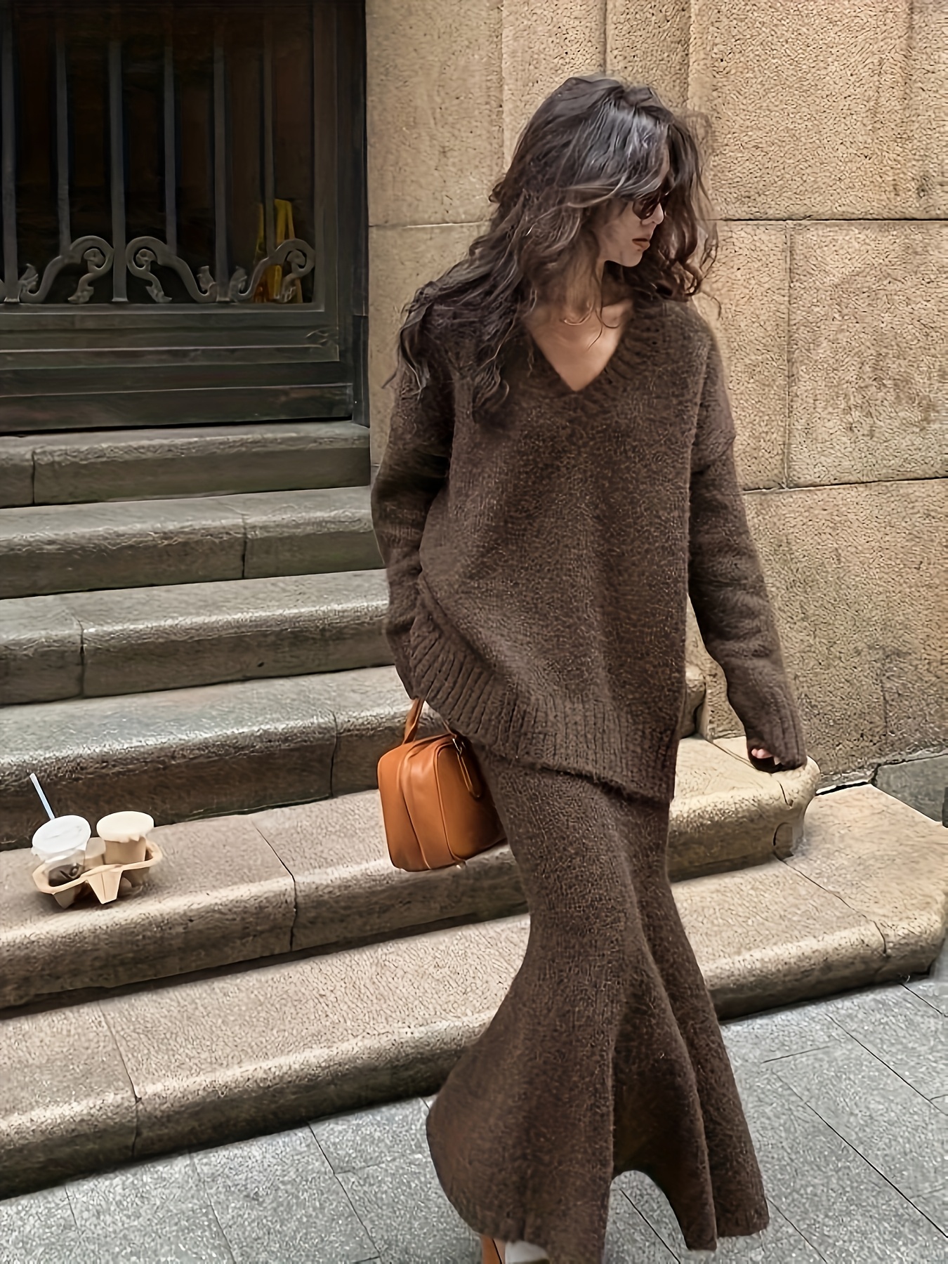um lazy style sweater set dress womens autumn winter v neck Temu