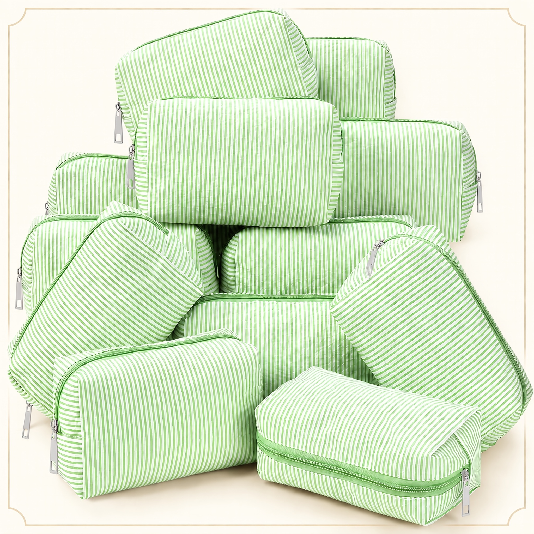 TEMU Cosmetic Bag 12-pack Large Breathable Striped Green Storage Bag College Style Organizer Travel Toiletry Pouch Suitable For Wedding Bridesmaid