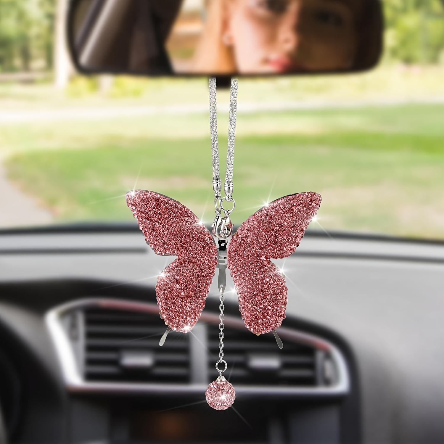 1pc Bling Butterfly Car Accessories Car Rear View Pendant Good Luck Amulet Ornament Car Decoration Valentine s Day Gifts Lucky Hanging Interior Ornament Pendant