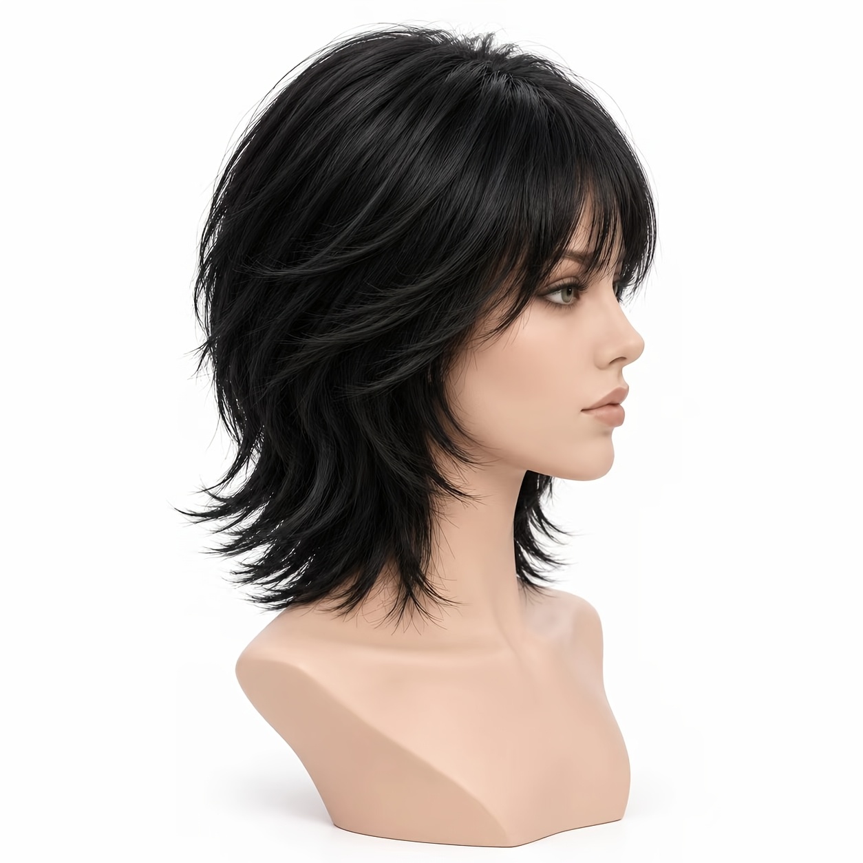 TEMU Perruque Courte Effet Démêlé Noir de Jais Unisexe avec Frange - Cheveux Synthétiques Résistants à la Chaleur Adaptés , au Cosplay, aux Fêtes et