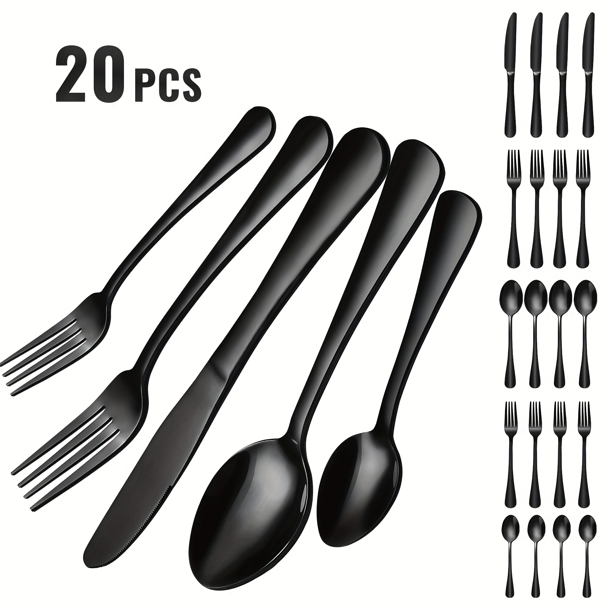 TEMU Ensemble de Vaisselle Noir, Ensemble de Vaisselle Argenté Moderne de 20 Pièces, Ensemble de Vaisselle en Acier Inoxydable pour 4 Personnes,