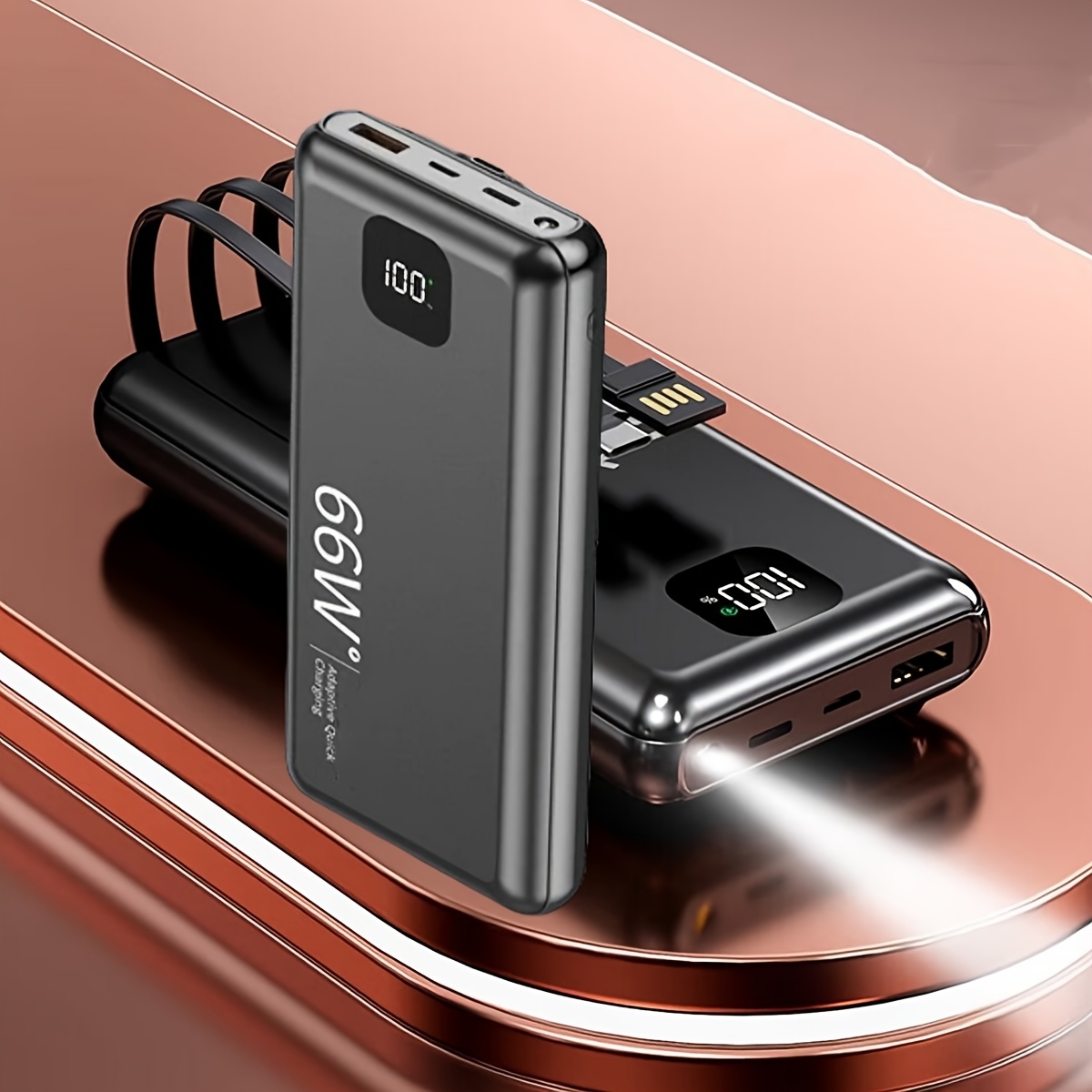 TEMU 66w Fast Charge Power Bank, 20000mah Built In 3 Cables, Slim Usb C Portable Charger, Led Display Battery Pack With Led Emergency Lights,