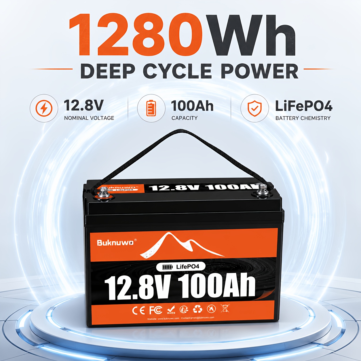 TEMU BUKNUWO Batterie Lithium LiFePO4 12V 100Ah 1280Wh, SGB intégré, Cellules de qualité A, Batterie rechargeable à cycle pour camping-car, panneau