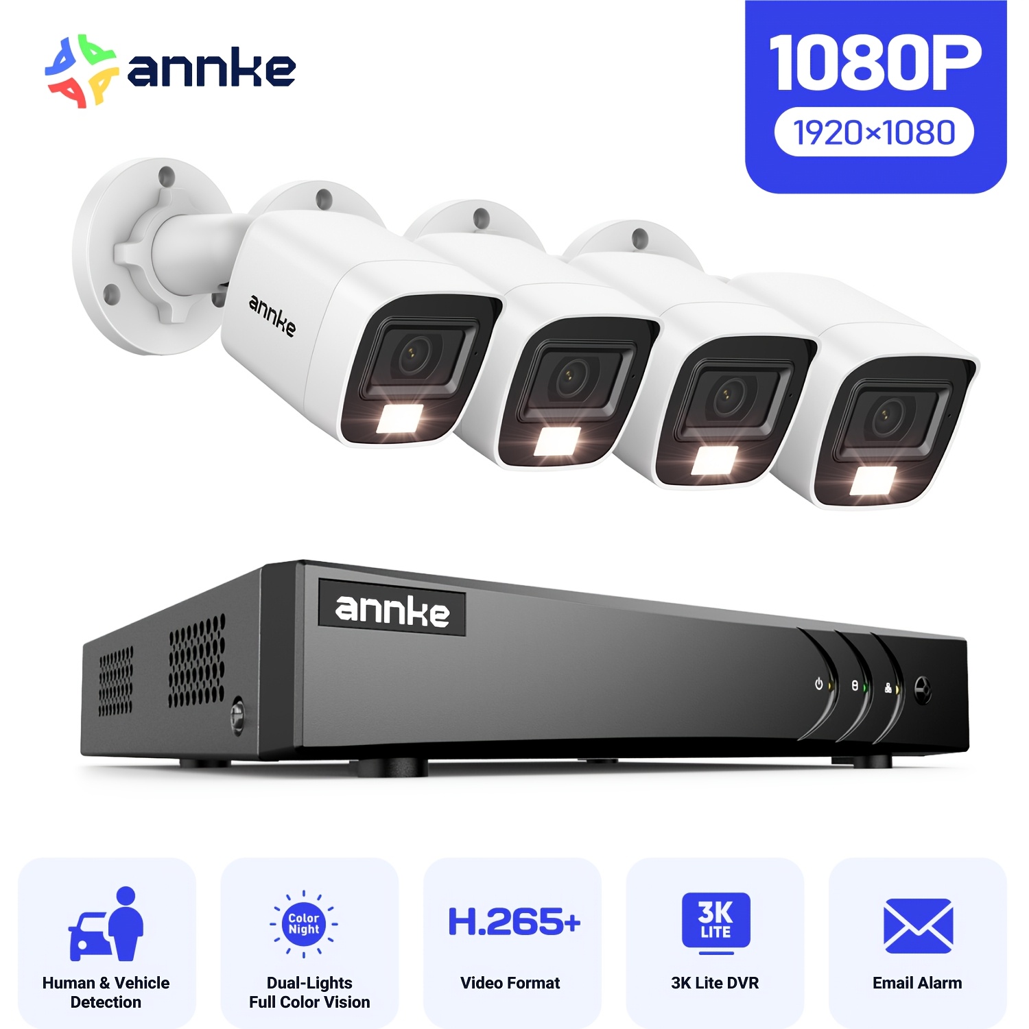Image of Annke 8ch Wired Surveillance Security Camera System With Ai Human/vehicle Detection, Lite H.265+ Cctv Dvr Recorder And 1080p Cameras, Email Alert With Snapshots, White, 66ft Night Vision, Smart