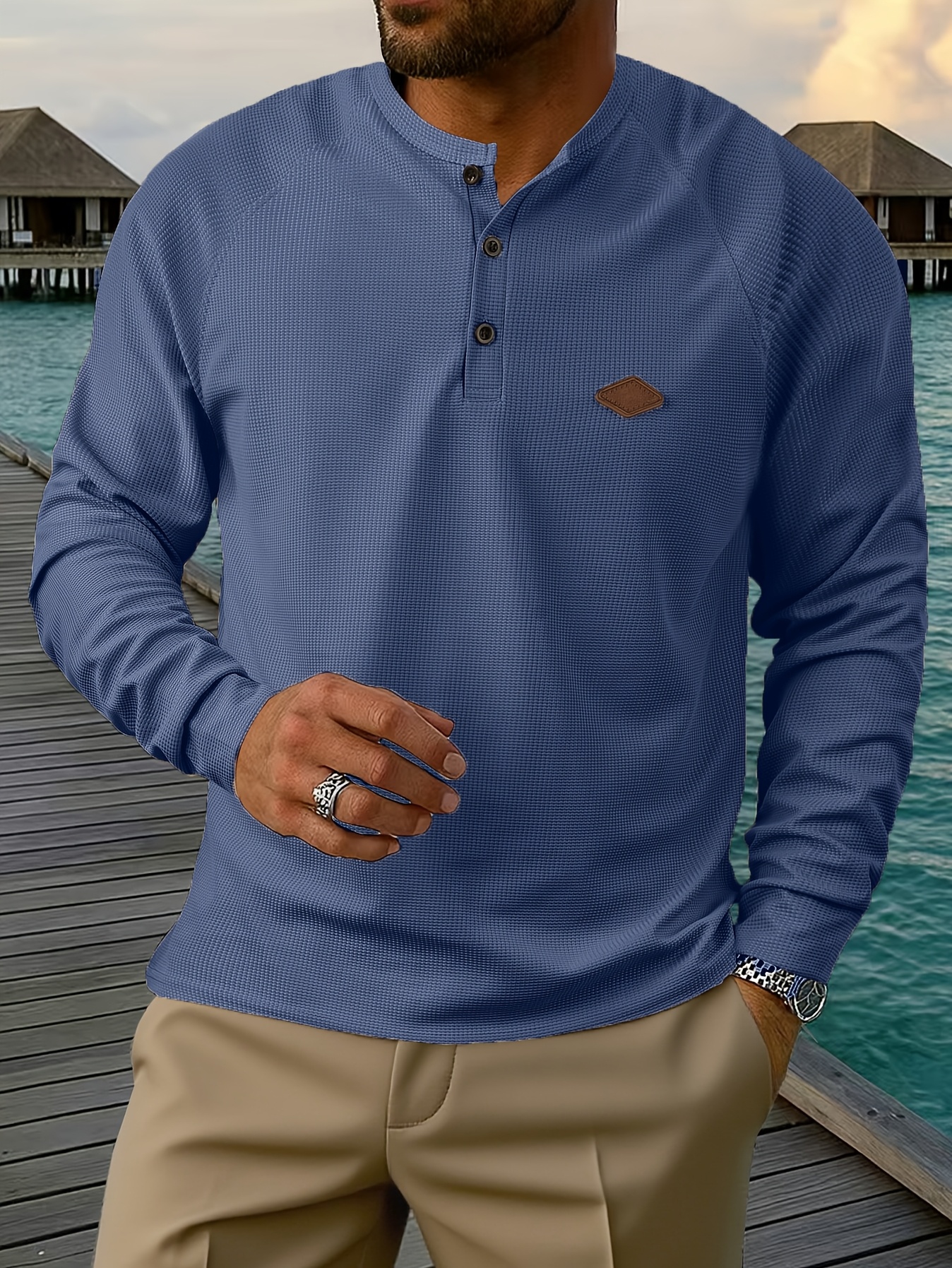 mens casual american waffle knit drop shoulder long sleeve henley shirt