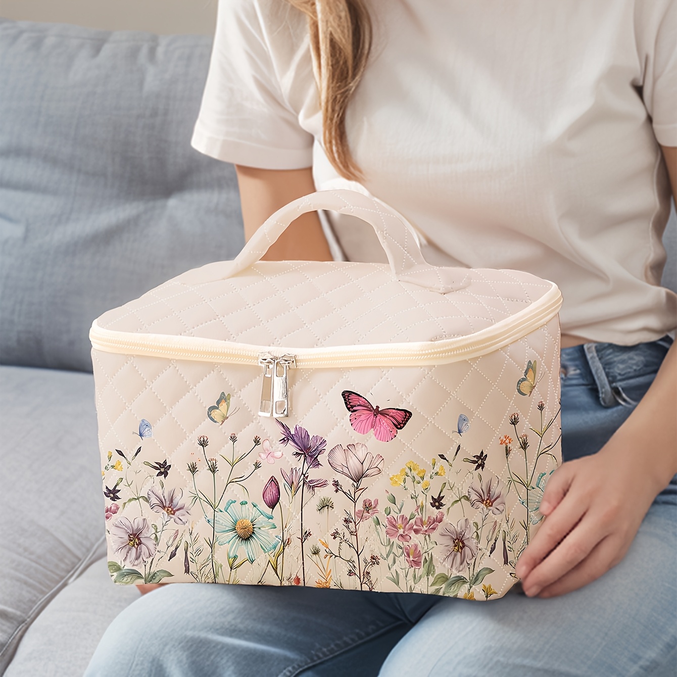 

Floral Butterfly Print Cosmetic Case, Large Capacity Portable Travel Organizer For Makeup, Brushes, Accessories, Cute Fashionable Polyester Storage Box With Handle