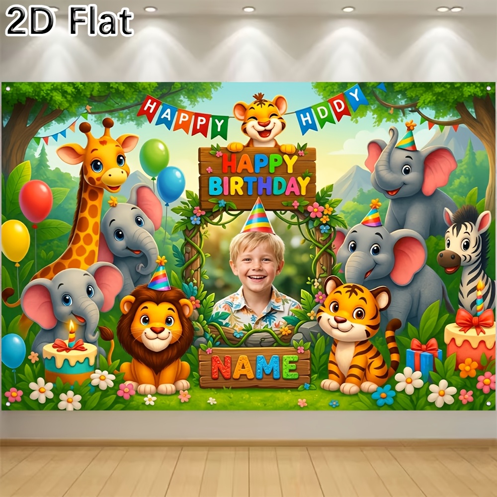 TEMU 2d Flat - 2d Flat - Customizable 2d Flat Banner For Kids' Birthday Parties Featuring Cartoon Jungle Animals , Tiger, Giraffe, And Elephant,