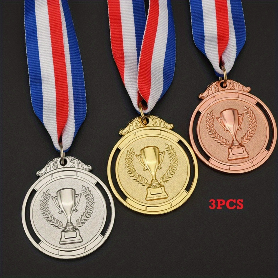 E-shop 3-teiliges Zinklegierung Sportmedaillen-Set mit roten, weißen blauen Bändern, ideal für Sport, Veranstaltungen, Requisiten, Auszeichnungen,