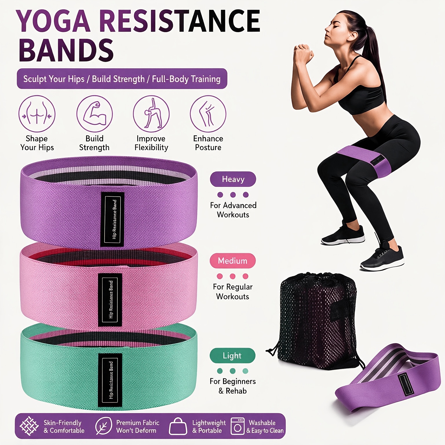 TEMU Juego de 3 bandas de resistencia de tela, bandas de ejercicio de yoga antideslizantes con bolsa de almacenamiento, 3 niveles de resistencia,