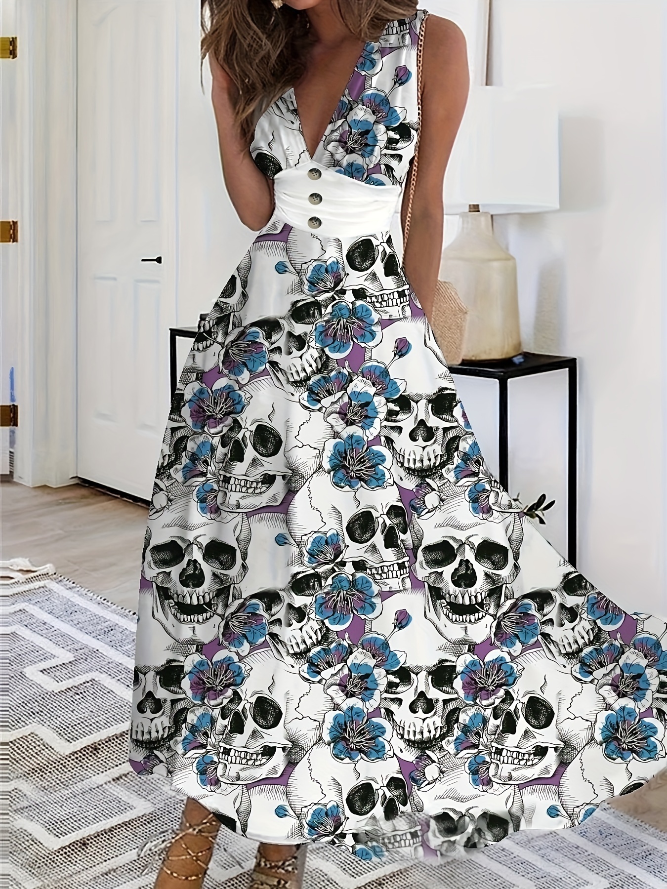 slim fit dress slacks 1950s Halloween Skull Rose Lace Mesh Dress