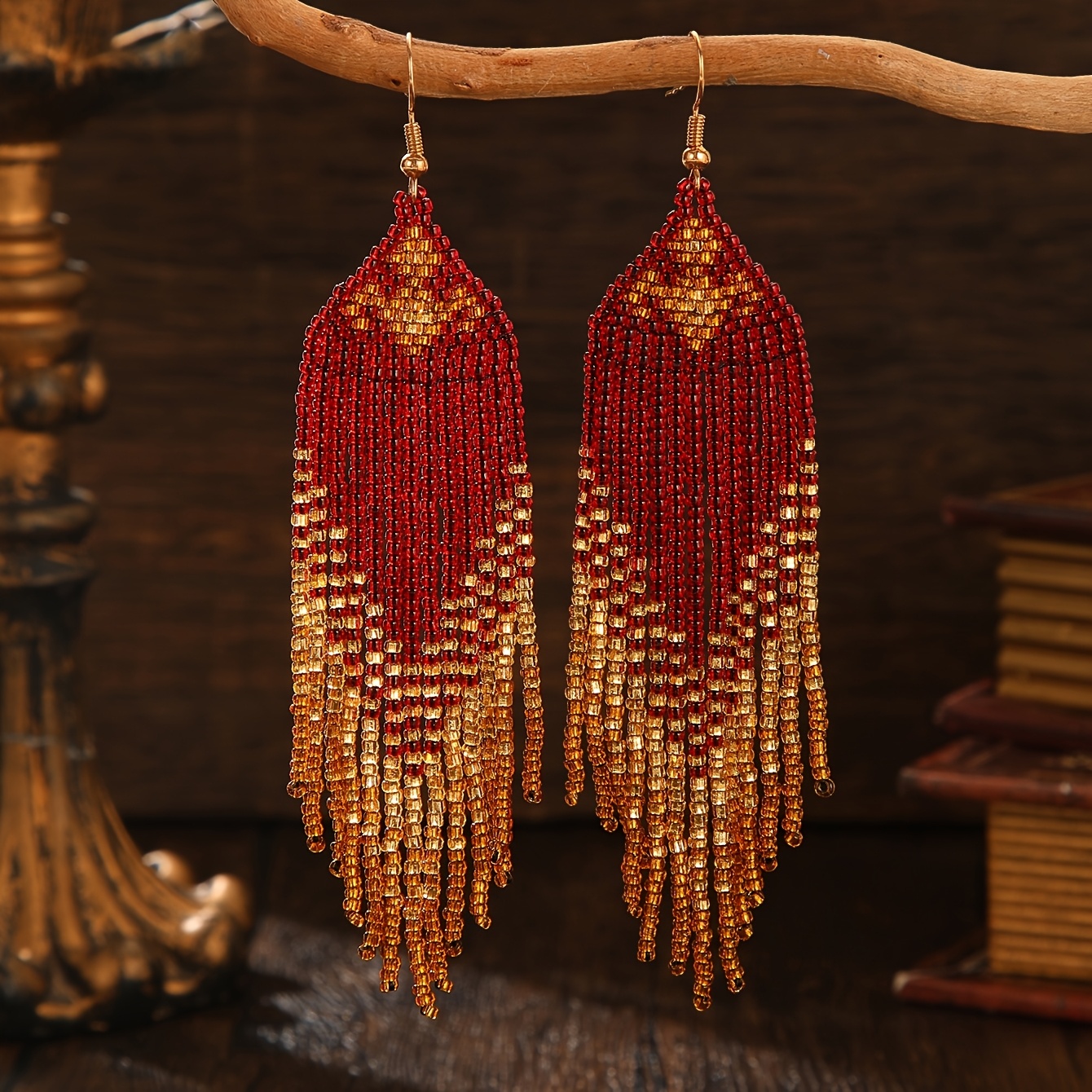 TEMU Boucles d'oreilles à franges perlées de style bohème vintage pour femme, fausses créoles pendantes à pompons géométriques faites à en perles de