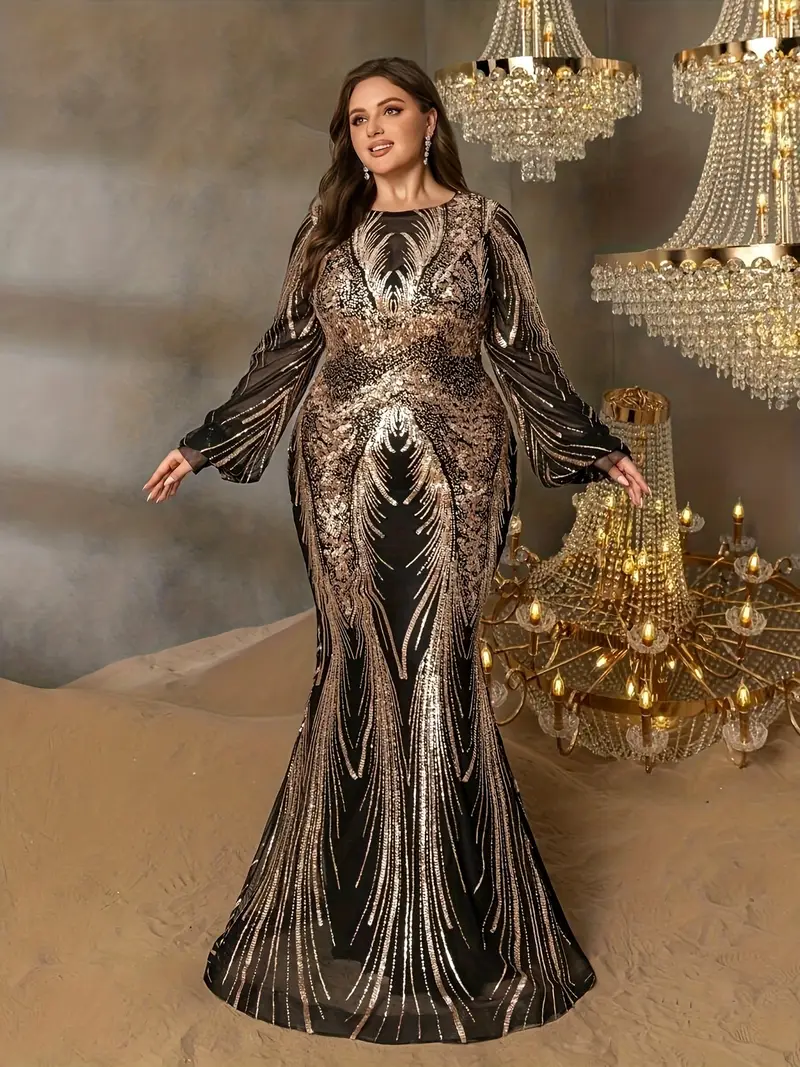 gold sequin long dress plus size 2026 Gold Sequins Long Sleeve Mermaid/Trumpet Scoop Neck Plus Size Prom Dresses