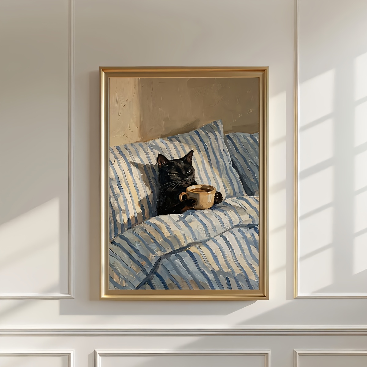 TEMU 2d Flat, 1pc Frameless Black Cat Drinking Coffee In Bed Art Poster, Warm Stripe Art Canvas Painting, Art, Birthday Gift, Living Room, Bedroom,