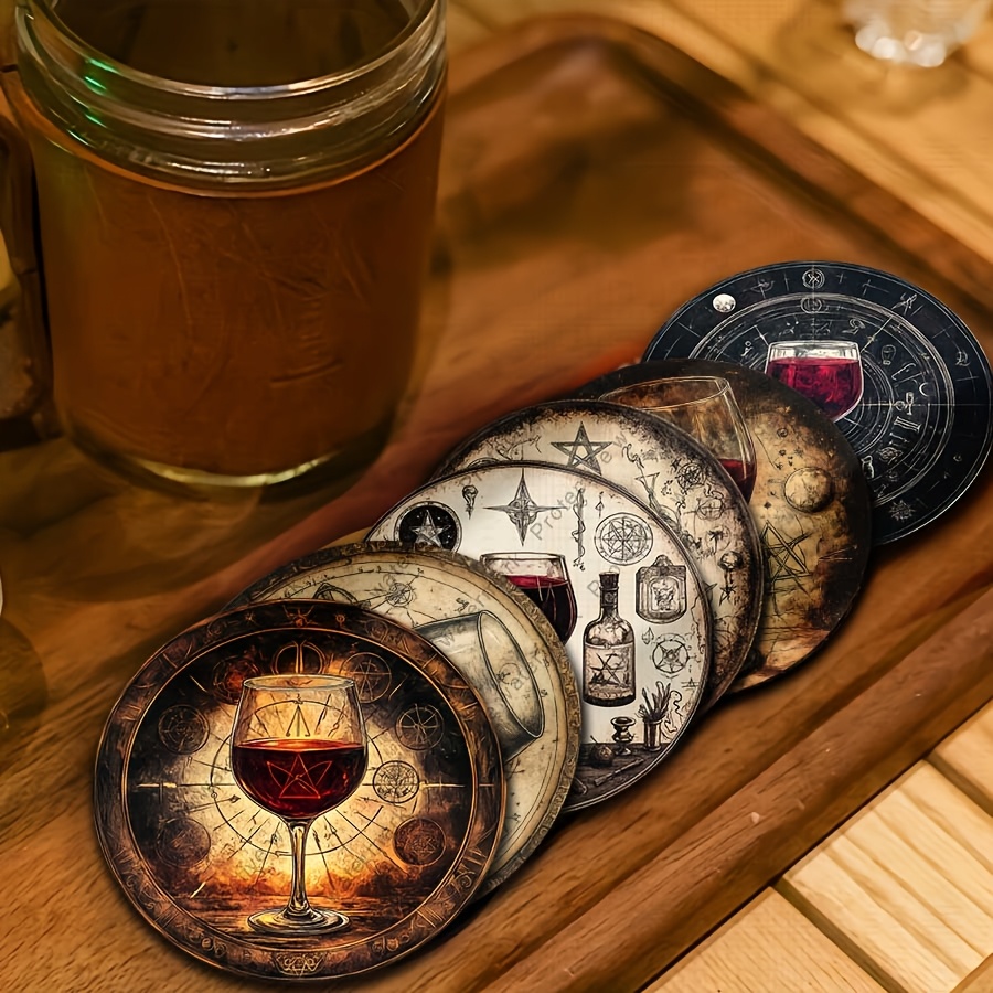 TEMU 6-pack Wood Coasters Compatible For Wine Glasses - Vintage Wine Theme Heat-resistant Table Protectors With Wood , Elegant Drink Coasters For