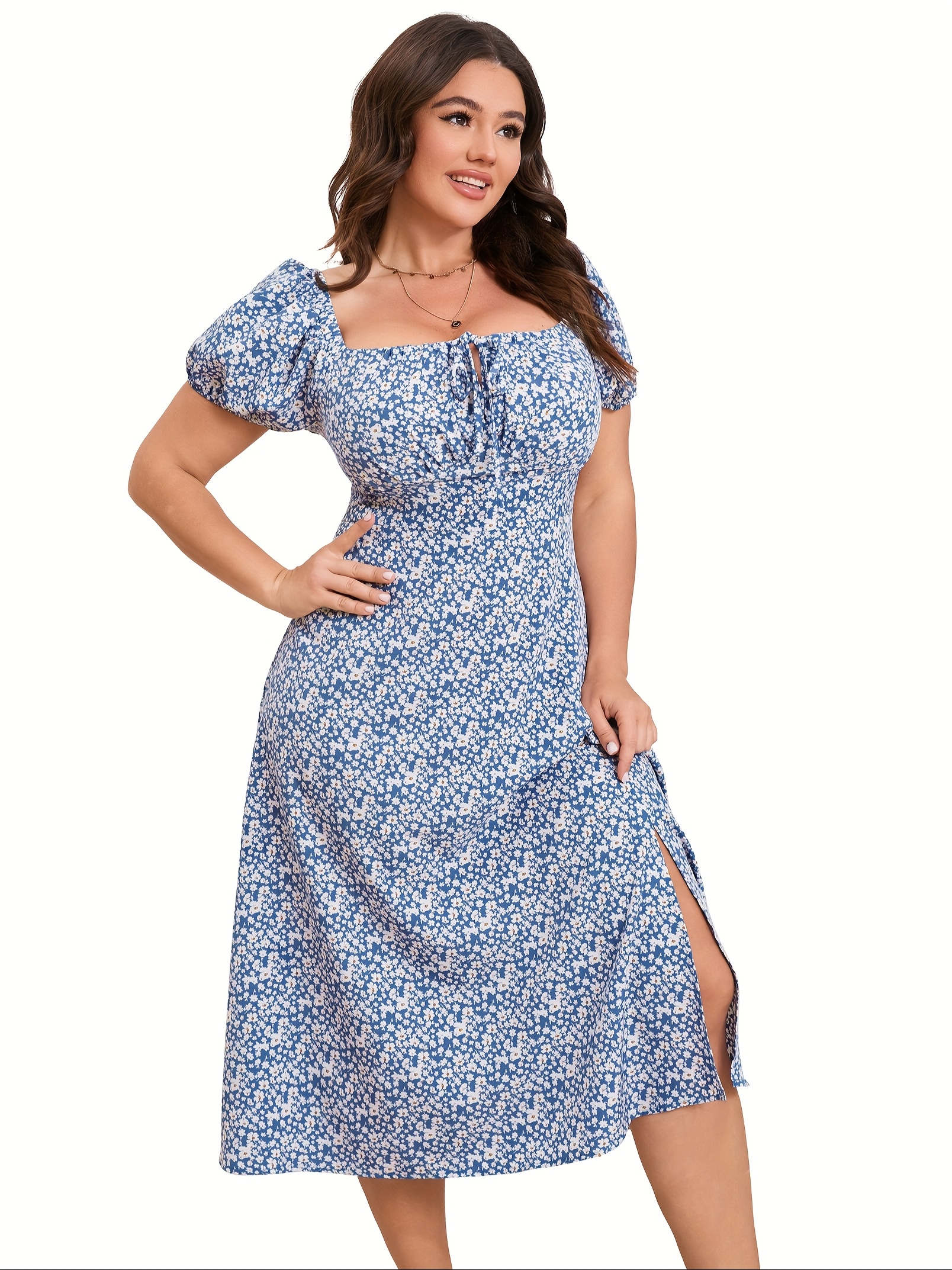 Women'S Plus Size Puff Sleeve Floral Maxi Dress Square Neck High Waist Tie  Front Slit Hem Long Dress