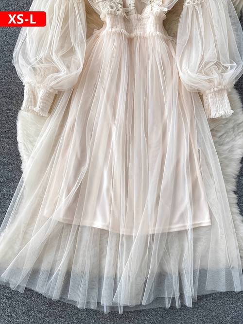 womens fashion three dimensional flower collage see through mesh balloon sleeve long dress light sense womens chiffon lace shirt suspender base layer a high end gift for women