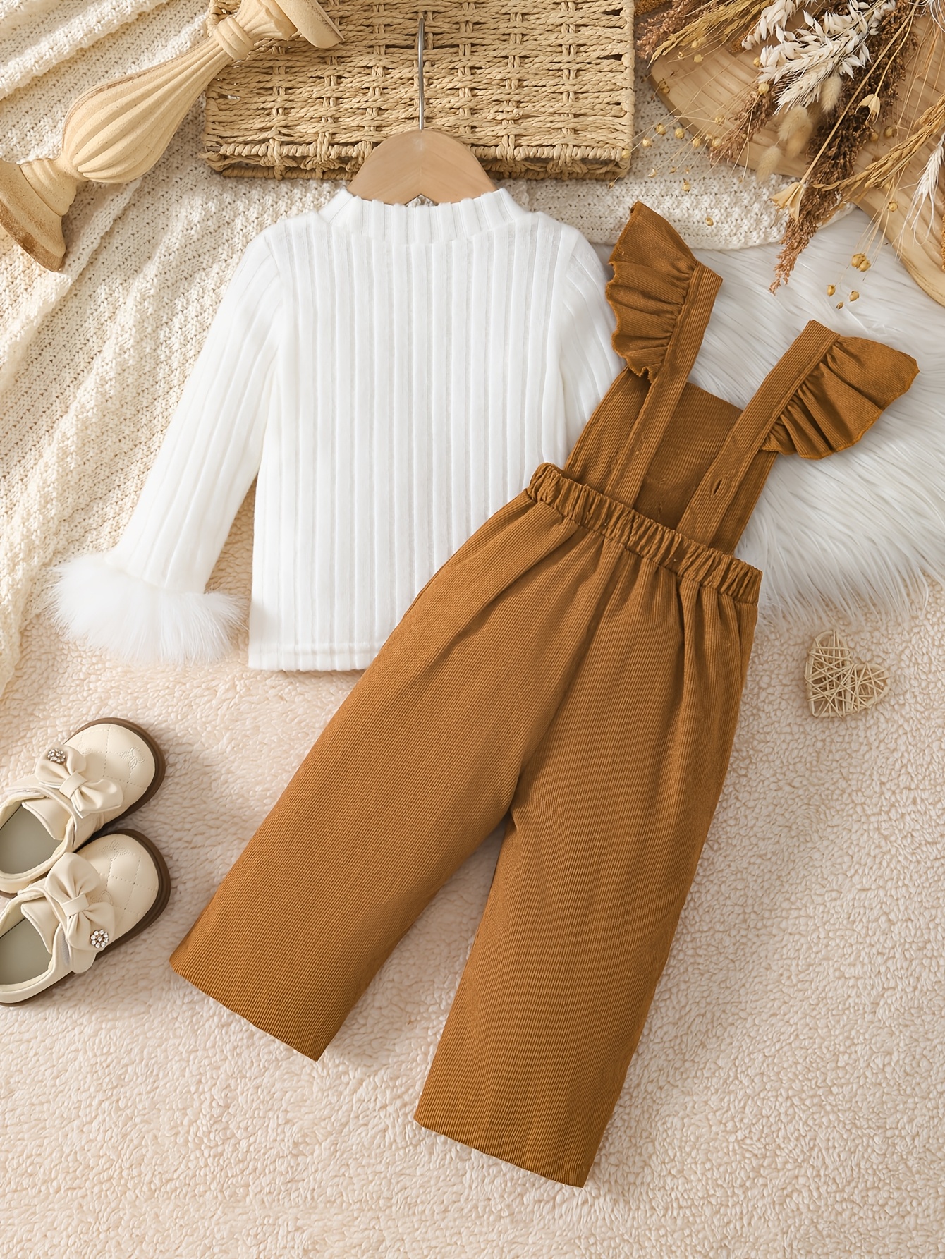 2pcs girls pants set   plush cuff top bow overalls girls daily wear   outdoor Product details 7