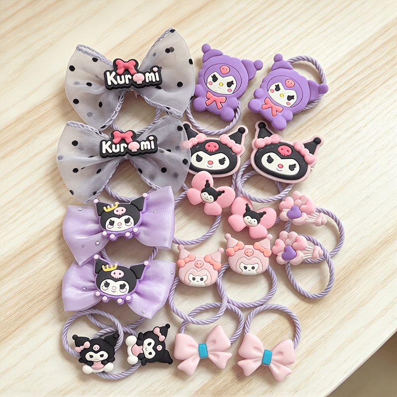Image of 16/18pcs Set Kuromi Inspired Elastic Hair Ties, Non-damaging Headbands With Bows, Flowers, And Cartoon Patterns - Cute Trendy Hip-hop Style Hair Additions, Colorful Fashion Additions