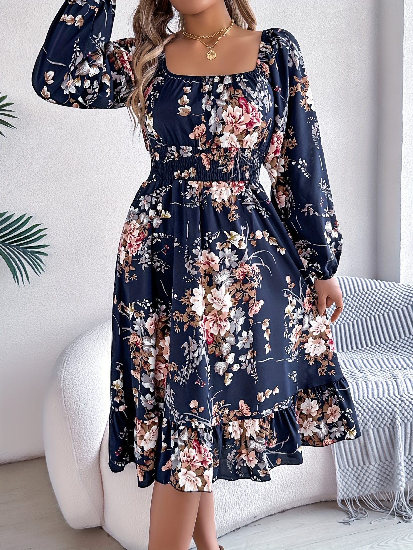 knee length dresses for ladies Ruffle Hem Floral Square Neck Long Sleeve Dress Sage / XL main image 1