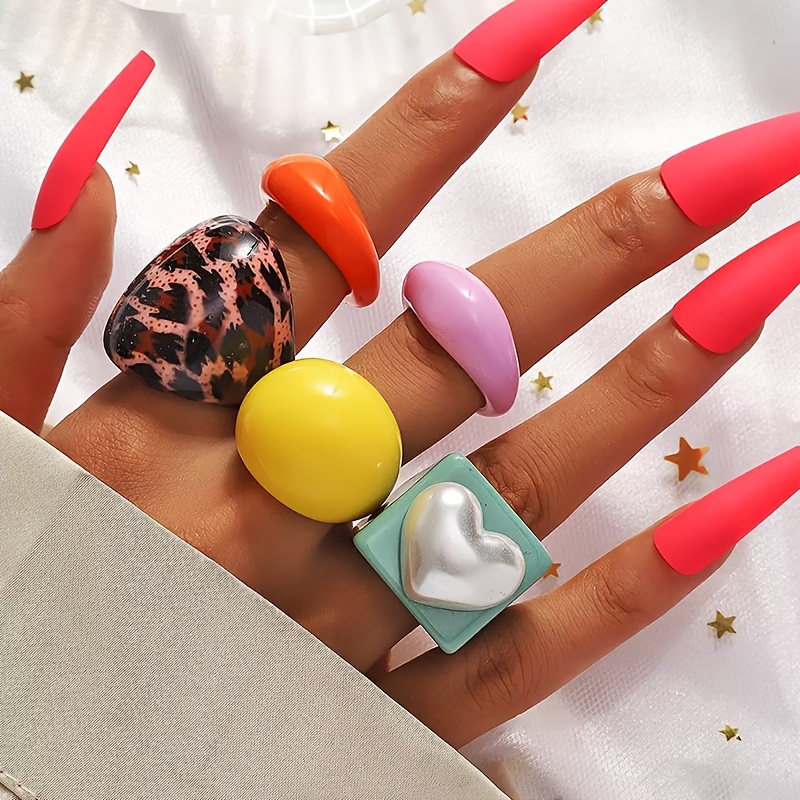 5pcs Pastel Resin Rings Women's Accessory
