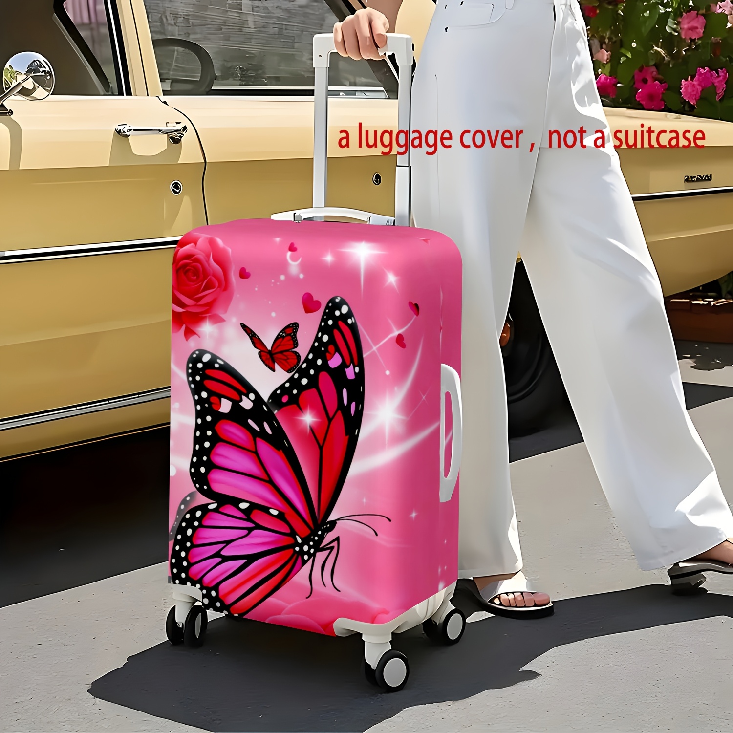 TEMU 1pc Pink Rose Romantic Themed Printed Luggage Cover, A Portable Travel Accessory Suitable For Trips, , And Business Trips, An Essential Travel