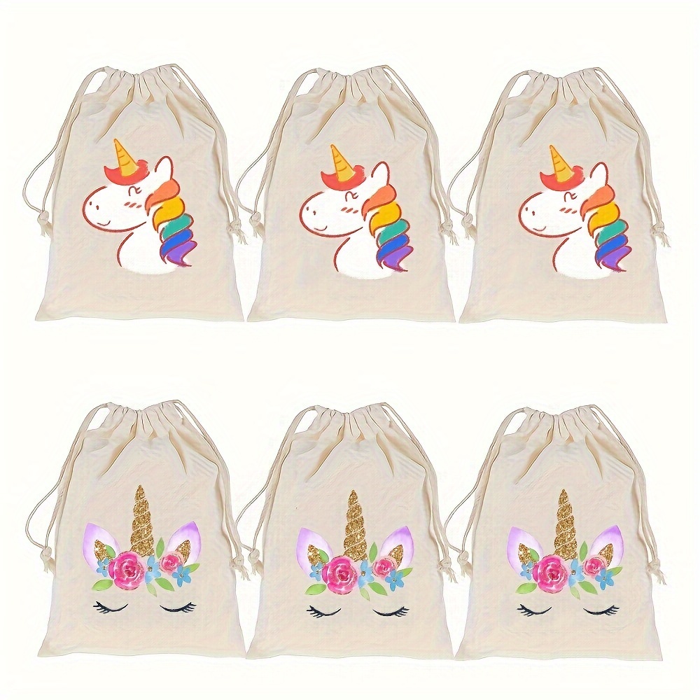 

5-pack Unicorn Drawstring Bags, -fit Canvas Party Favor Pouches For Birthdays & Celebrations, Cute Snack & Gift Sacks With