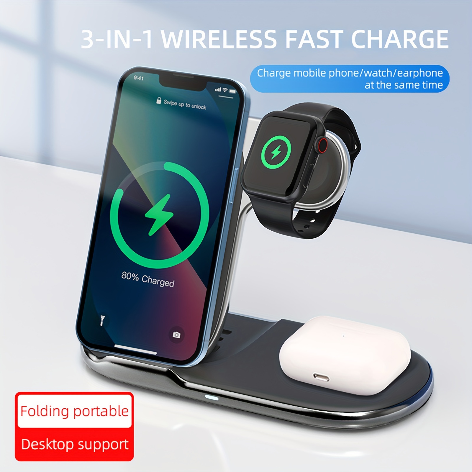 

3in1 Magnetic Wireless Charger, Phone Desktop Stand, Foldable Design, Portable, Up To 15w Fast Charging (specific To The Actual Phone Shall Prevail)