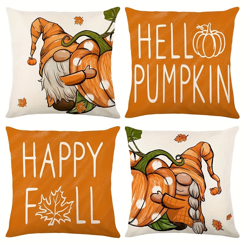 

Set Of 4 Fall Gnome Throw Pillow Covers 18x18 Inch - Contemporary Zippered Linen Blend Cushion Cases For Autumn, Thanksgiving, Halloween - Decorative Single-sided Print Machine Washable Covers Only