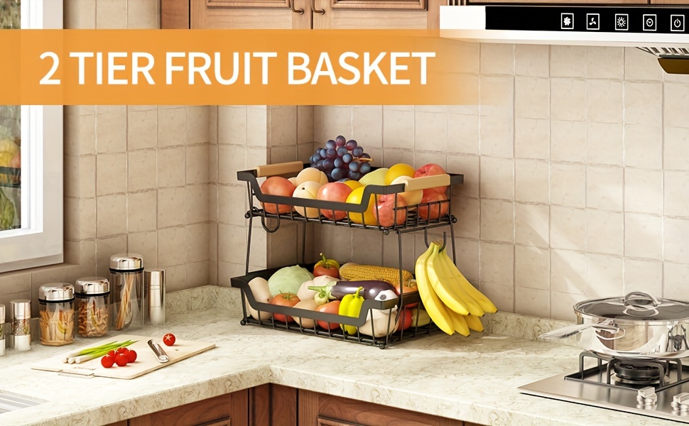 2 tier countertop fruit basket with 2 banana hangers for kitchen detachable metal organizer for bread vegetable fruits with wooden handle large capacity rectangular storage stand bowls black Product details 0
