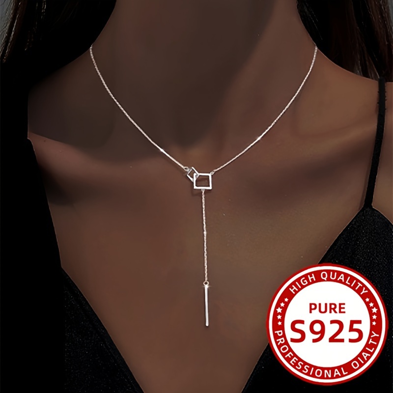 

925 Sterling Silver Geometric Design Lariat Necklace, Luxury Long Y Shape Necklace Occasion Jewelry