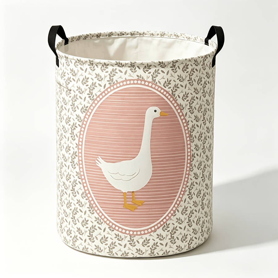 TEMU 1pc Foldable Round Laundry Basket With Handles, Goose And Botanical Pattern Storage Hamper, Space Saving Household Organizer, Suitable For