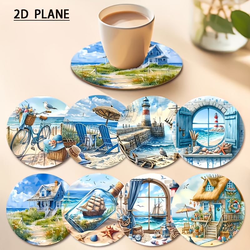 E-shop 8er-Set Holzuntersetzer im Strand-Stil, hitzebeständige dekorative Kaffee- und Teetassen-Untersetzer, 2D-Flachdesign, ideal für Zuhause,