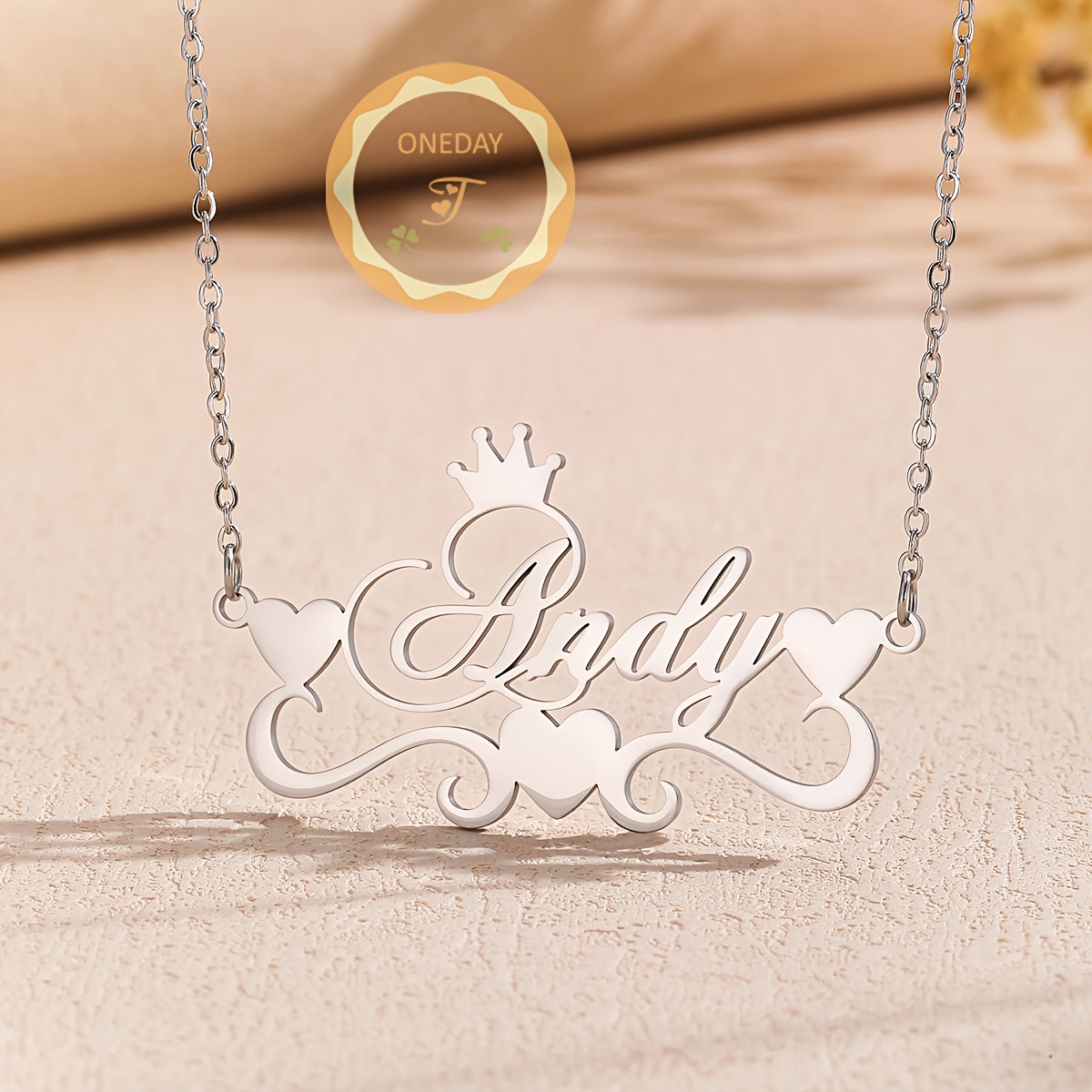 Custom Name Necklace, Stainless Steel Pendant with Ribbon & Heart