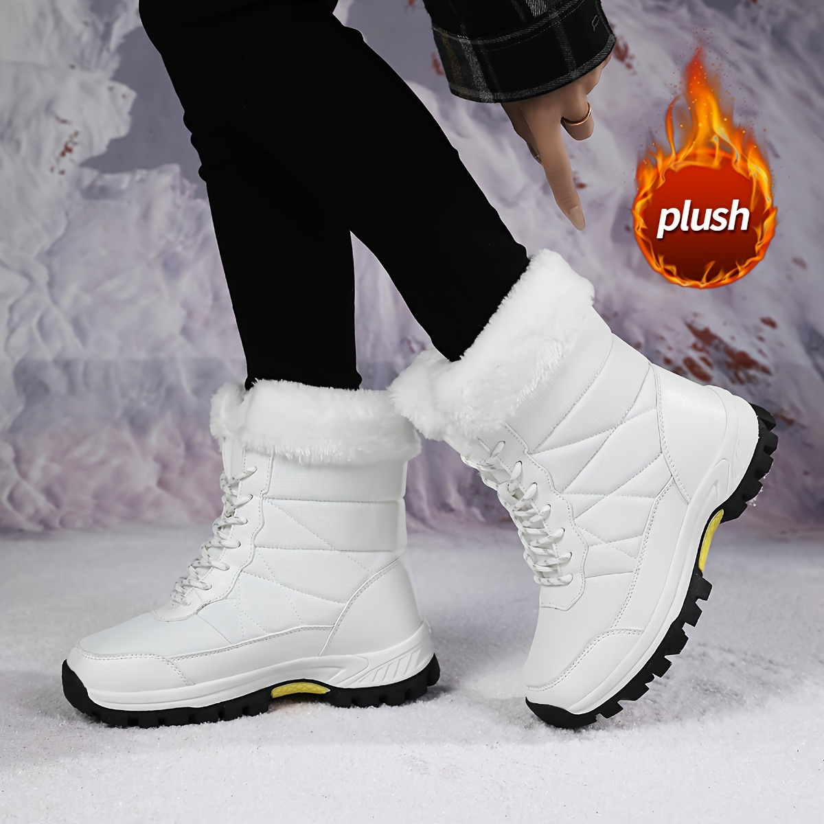 女士中筒靴,女士加绒雪地靴,带毛边 - 防滑橡胶底,圆头冬季靴适合寒冷天气,适用于雪地与冰地,高帮设计,耐用构造