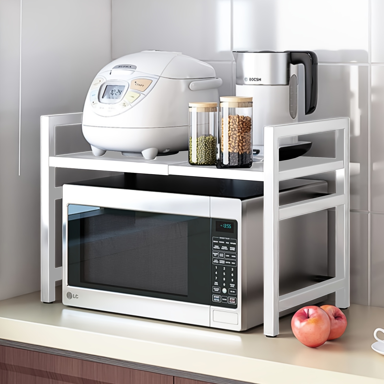 Kitchen Shelf, 40-64cm Extendable Microwave Shelf With 6 Hooks, 32cm/42cm Height-adjustable Microwave Stand, 30kg Load-bearing Microwave Oven Shelf, Microwave Oven Shelf, Spice Rack, Microwave Holder, Kitchen Storage Rack
