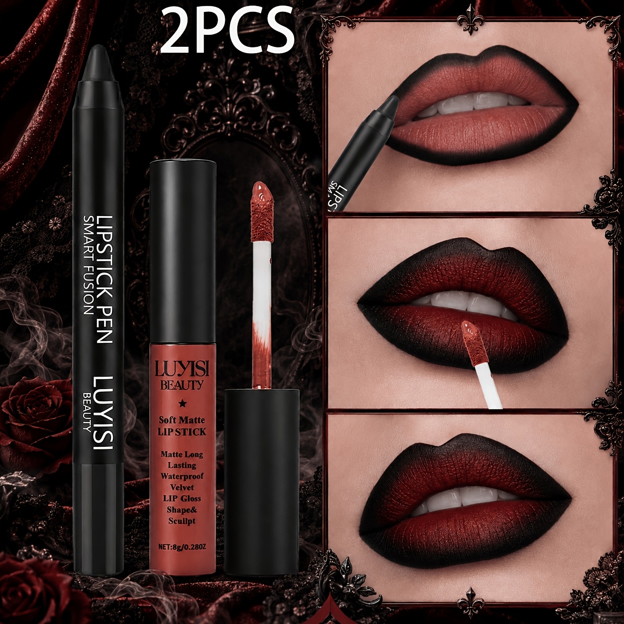 Image of 2pcs/set Gothic Lip Set: Matte Lipstick Pen And 1 Matte Lip Glaze. Waterproof And Smudge-resistant, High-coverage Black Shade, Perfect For Halloween, Goth Parties And Dramatic Cosplay Makeup Styles